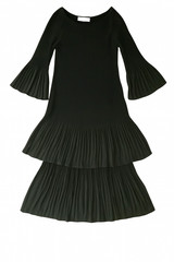 Adrienne Vittadini Black Tiered Midi Dress Pleated Bell Sleeves Size 10 Ribbeb