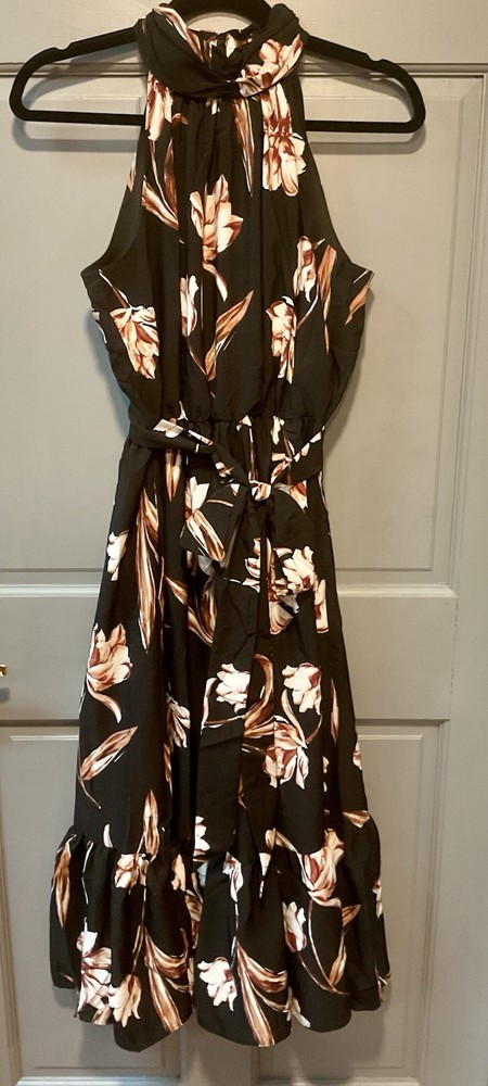 Black Brown White Floral Mock Neck Sleeveless Midi Dress Size S