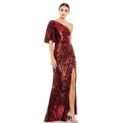 Mac Duggal NEW 93540 Burgundy One Shoulder Sequin Gown Flutter Sleeve Dress Sz 2