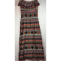 Boho Strapless Smocked Maxi Dress Multi-Color Tribal Geometric Print Rayon sz M