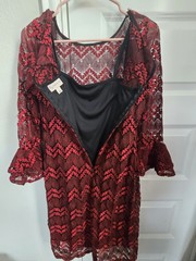 DB, Size 6, Red and Black Ruffled Lace Dress, Lined with a Black Slip