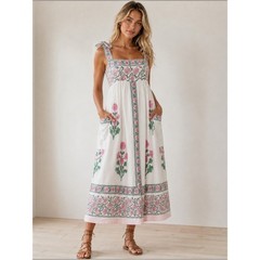 Juliet Dunn White Orchid Poppy Cotton Midi Dress | Prairie Cottagecore | Sz 6/8