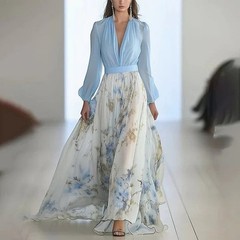 STREETWEAR BOHO Floral Maxi Dress Polyester Long Puff Sleeve WOMEN PARTY S-3XL