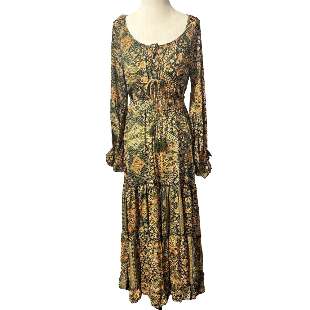 Karma Highway Peasant Maxi Dress Small Multicolor Paisley Bohemian Style