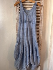 A1 Inizio Linen Magic Dress Sz M Asymmetrical Bubble Hem Sleeveless Linen Blue