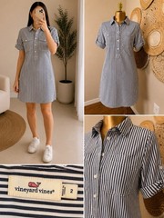 Vineyard Vines Blue White Striped Collared Shirt Dress Button Front Cotton 2