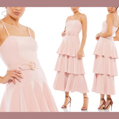 NWD IEENA Mac Duggal [ 8 ] Belted Tiered Ruffle Sleeveless Midi Dress Rose #Q692