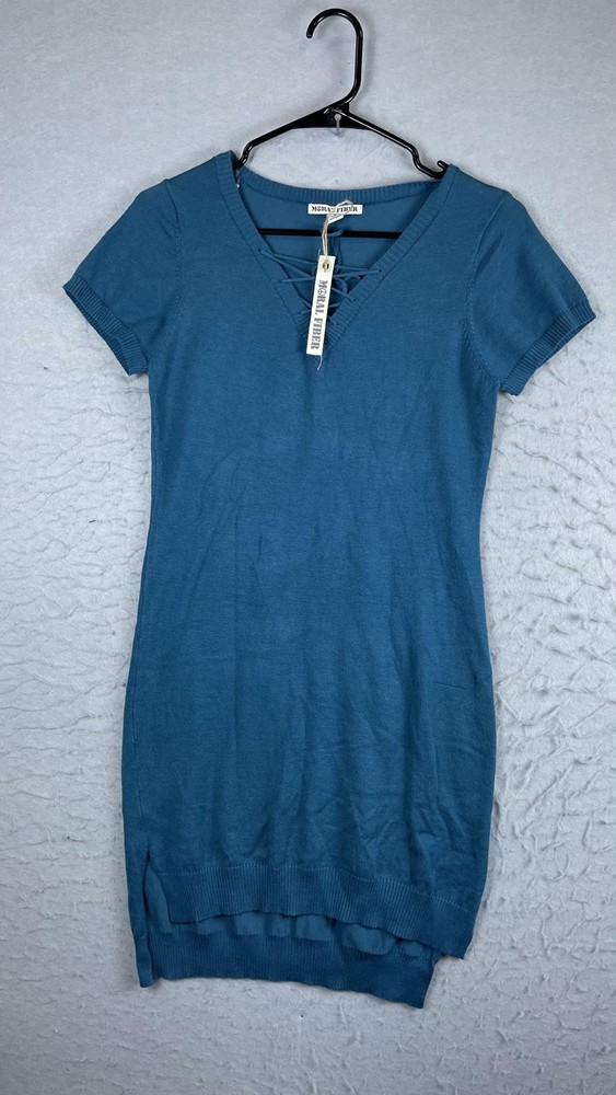 Moral Fiber Dress Womens Large Blue Knit Lace Up V Neck Sweater Hi Low