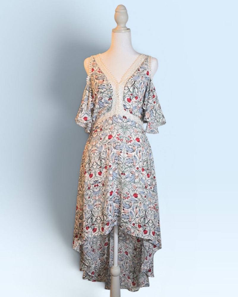 Disney Beauty and the Beast Cold Shoulder V-Neck Hi-Low Floral Dress S