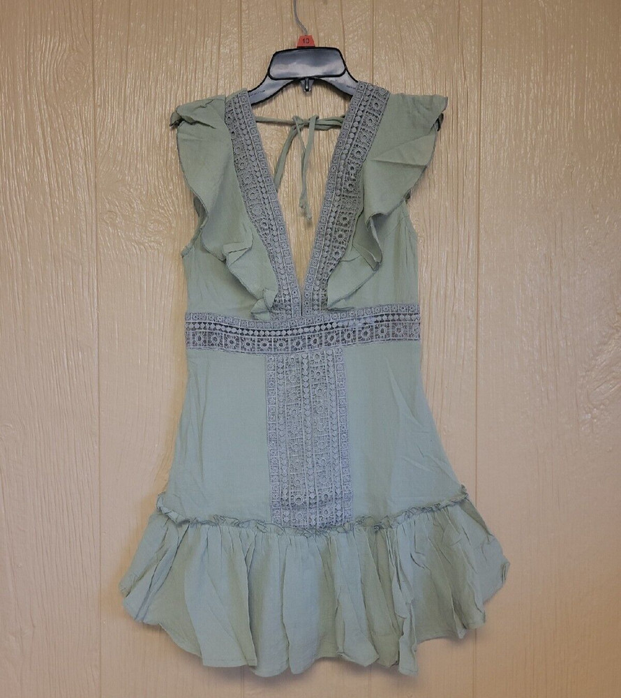 Deep V Ruffle Mini Dress Open Back Olive Green sz Small Knit NWOT Flutter Sleeve