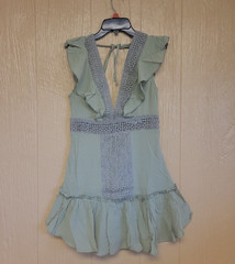 Deep V Ruffle Mini Dress Open Back Olive Green sz Small Knit NWOT Flutter Sleeve