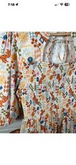 Joanie Dress UK26 White Midi Smocked Abstract Sundress Puff Sleeves Retro Summer