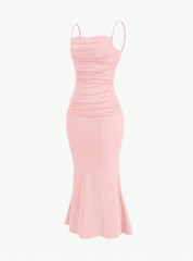 Coral Pink MOD Solid Ruched Mermaid Hem Cami Dress Sz XS S M L