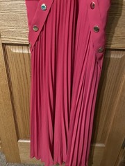 Reiss Red Pleated Halter Midi Dress Berry Pink Gold Button Detail Size 4