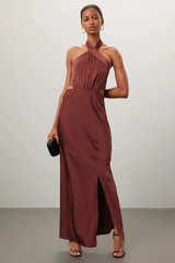 MINKPINK Finlay Halter Dress in Satin Clay Color Size XS