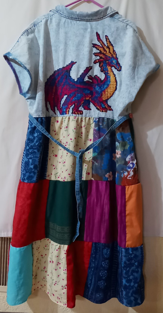 Rainbow Dragon upcycled dress patchwork OOAK 1XL- 2XL (chest 52&Prime;) cross-stitch
