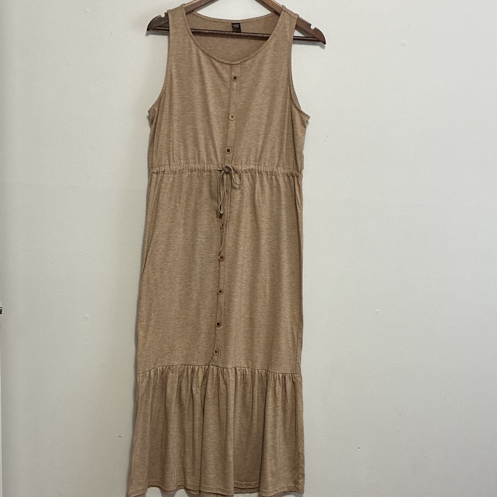 Emery Rose Beige Solid Knit Shirt Dress L Midi Round Neck Sleeveless Ruffle
