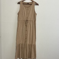 Emery Rose Beige Solid Knit Shirt Dress L Midi Round Neck Sleeveless Ruffle