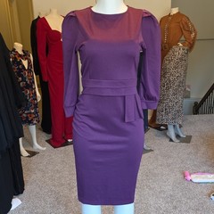 Women’s Purple Solid Crew Neck 3/4 Puff Sleeve Belted Sheath Dress M