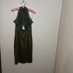 Cherry Mellow USA Olive Green Lace High Neck Bodycon Midi Dress Womens Large