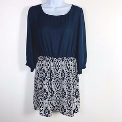 Pink Owl Navy Mixed Print Dress Sz L Long Sleeve Elastic Waist Casual Modern