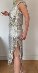 Iridescent silver formal summer wedding flower sequin midi dress