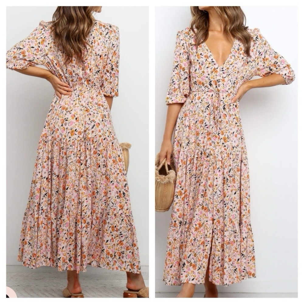 Petal and Pup Kelda Maxi Dress Beige Floral Size Medium Cottagecore Countryside
