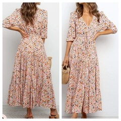 Petal and Pup Kelda Maxi Dress Beige Floral Size Medium Cottagecore Countryside