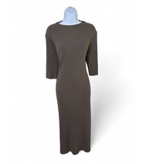 Vince Cotton Spandex Ribbed Mock Neck Elbow Sleeve Dress Taupe L