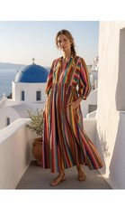 Women&rsquo;s Cotton Striped Maxi Dress Handmade Balloon Sleeve Loose Fit Long Dress