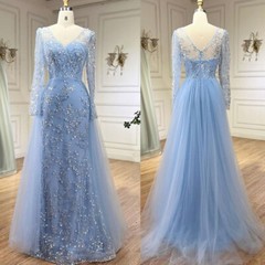 Long Sleeve Sky Blue Beaded Lace Mermaid Tulle Overlay Formal Evening Gown