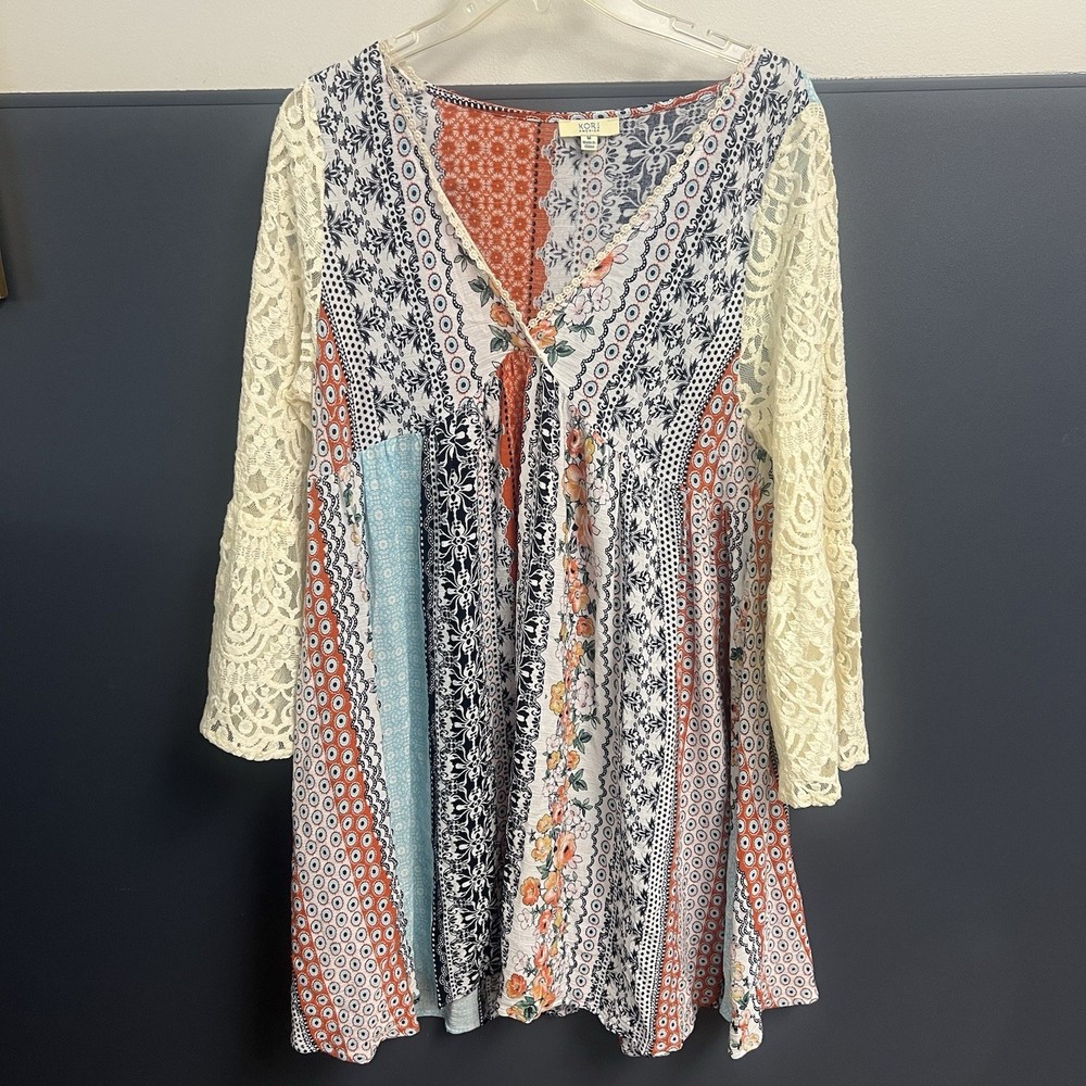 Kori America Boho Festival Hippi Gypsy Looking V Neck Dress Size Medium Stripe