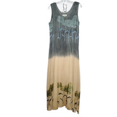 Citron Floral Silk Maxi Dress Jumper M Gray Blue Green Tan Abstract Artsy Boho