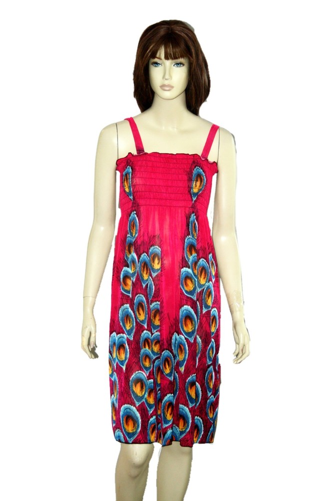 Womens Summer Dresses Sleeveless Smocked Peacock Print M L XL