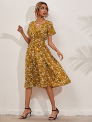 BOHO FLORAL V Neck Chiffon MIDI DRESS S-XL WOMEN Summer Beach Casual Sundress