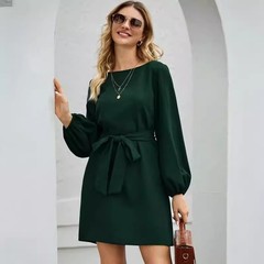 Womens Solid Color Knitted Mid-Length Dress Slimming A-Line Versatile