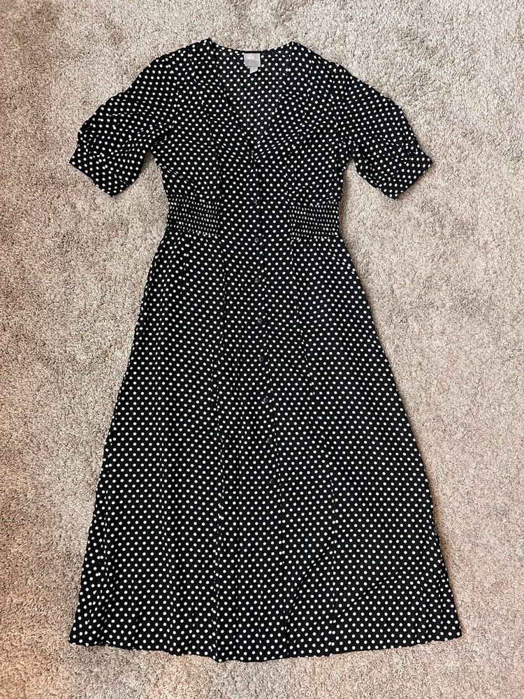 ASOS Retro 40s Style Polka Dot Button Up Midi Tea Dress Cinched Waist S