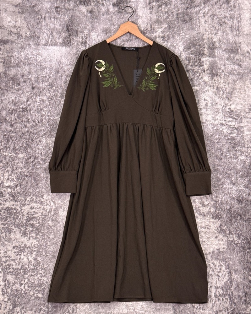 New Disturbia Dress 14 Womens Green Moon Embroidered Midi Kaftan