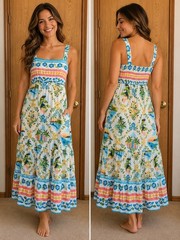 Farm Rio Print Tropical Parrot Floral Resort Vacation Beachy Maxi Dress XXS