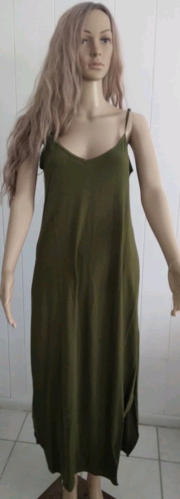 Green Polyester Maxi Summer Dress Boho Adjustable Straps Pockets, « HUSK ARY » SzM