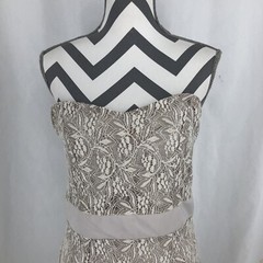 Romy Beige Lace Floral Side Zip Lined Strapless Dress Large