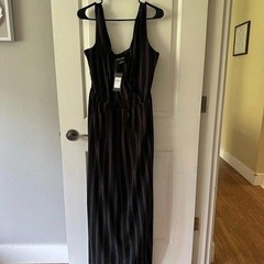 City Chic Black Maxi Pin Stripe Dress Sleeveless V-Neck Belted Plus Size L 20