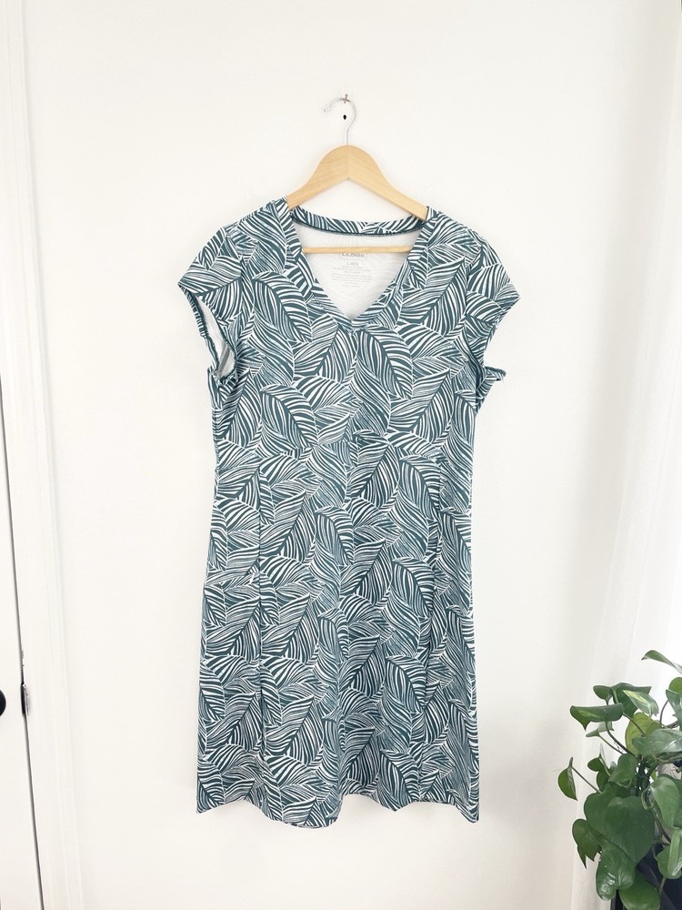 LL Bean L Green Leaf Print Short Sleeve Sheath Dress Women’s Large Stretch