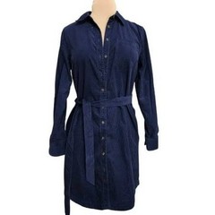 Land&rsquo;s End Womens Blue Corduroy Belted Shirt Dress 3/4 Roll Tab Sleeves Size XL
