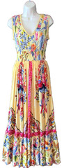 NWT ME 2 MAGIC Yellow Tropical Parrots Gold Stripe Bohemian Maxi Dress sz S M L