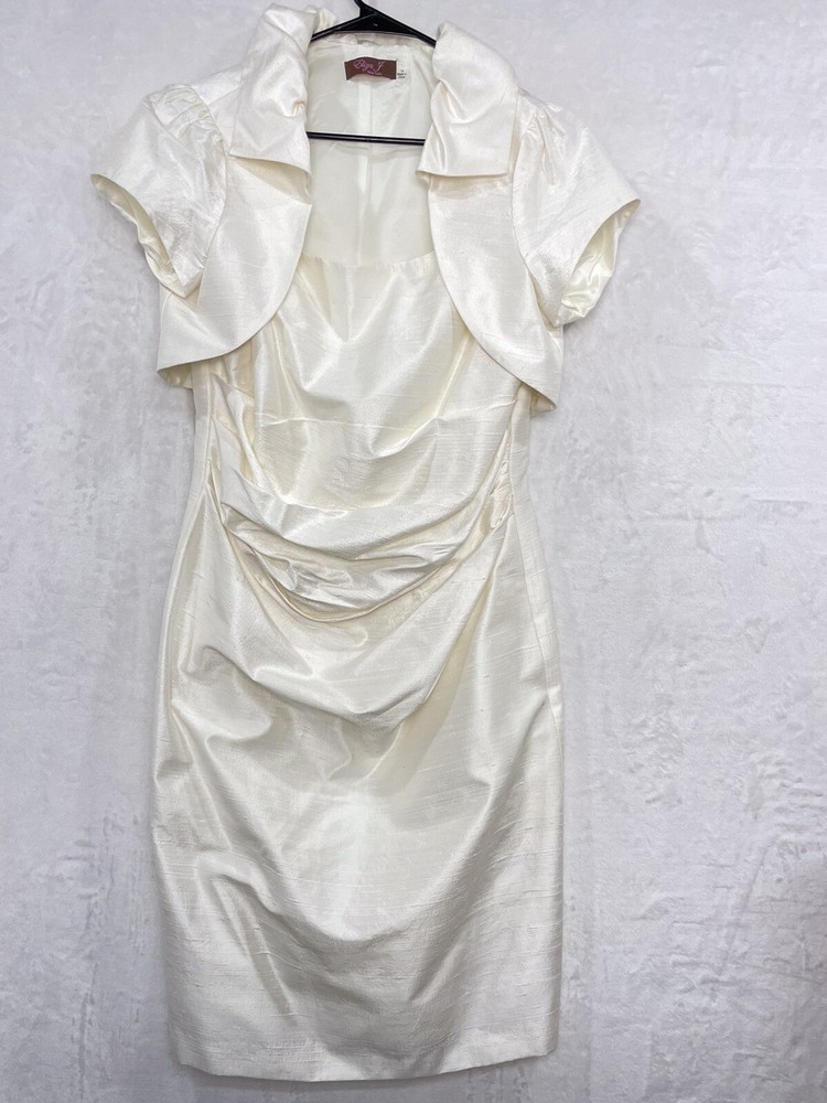 Eliza J Silk Dress 14 Jacket Set Ruched Draped Spaghetti Strap Ivory Fitted