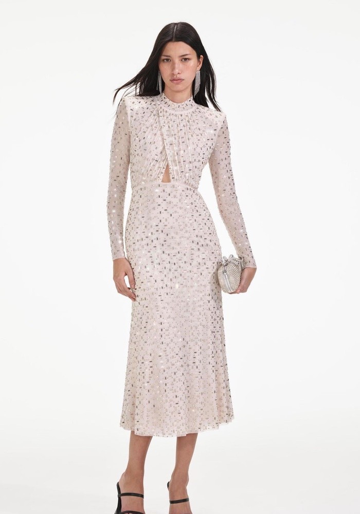 self portrait CHAMPAGNE RHINESTONE MESH MIDI DRESS $700 UK 6 US 2