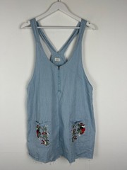 POL Romper Dress Large Woman L Boho Pockets Blue White Stripe Embroidered Floral