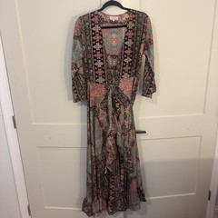 VTG Cienna Rosa Wrap Silk Blend Maxi Dress in Rose & Multicolor Size S Ruffle