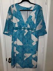Trina Turk Aqua Blue Geometric Breezeway Tile Print Empire Waist Cotton Dress